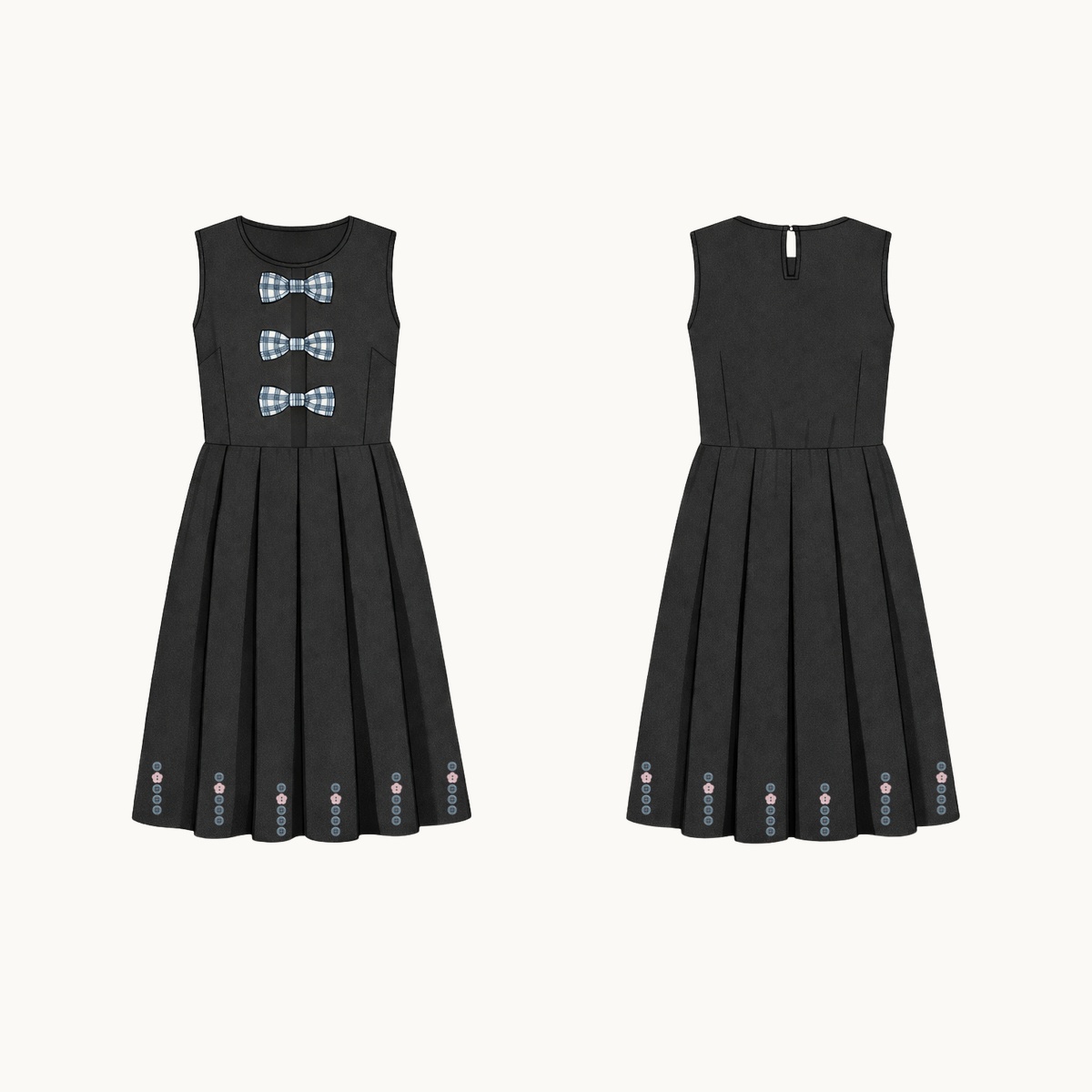 Blue Check Bow Pleated Dress